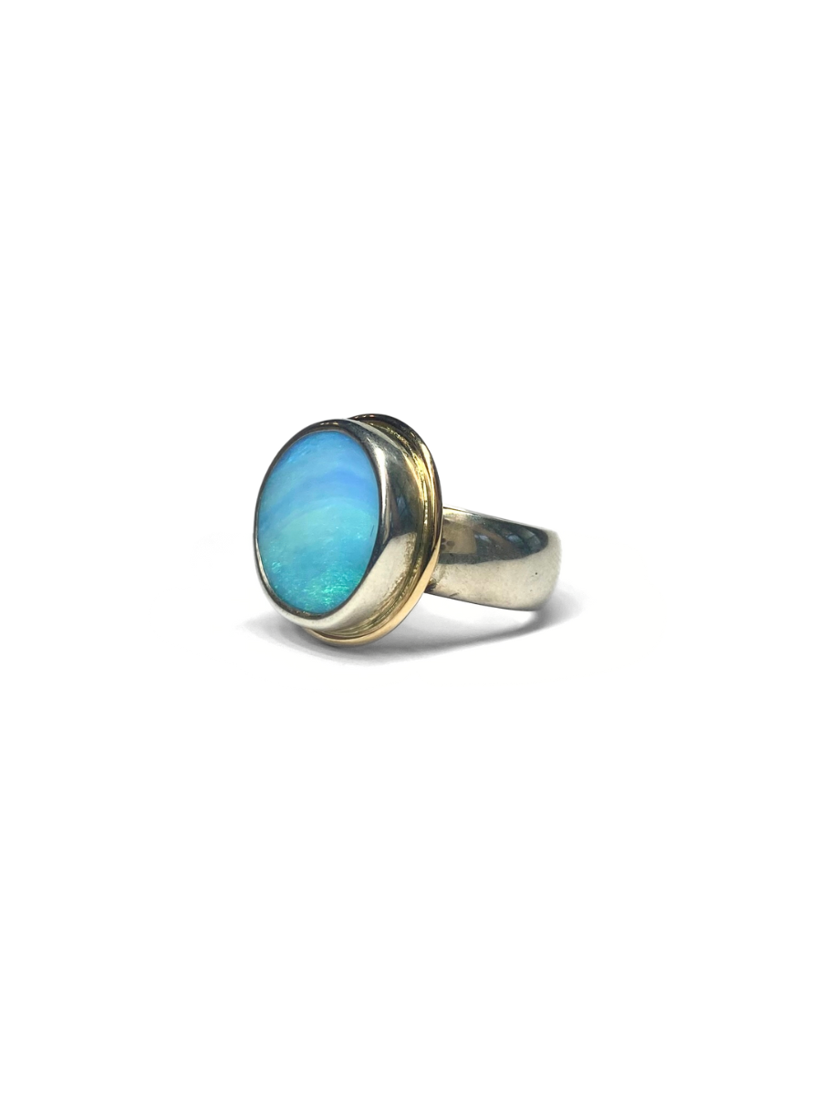 Aqua Splash Opal Silver and Gold Ring