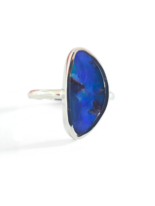 Blue Queensland Boulder Opal Silver Ring