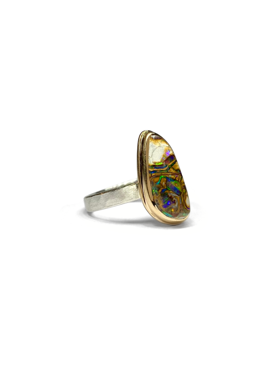 Earth from Afar Boulder Opal Matrix Gold and Silver Ring