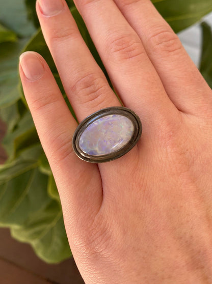 Lightning Ridge Solid Crystal Opal Ring | Silver with Black Rhodium Finish