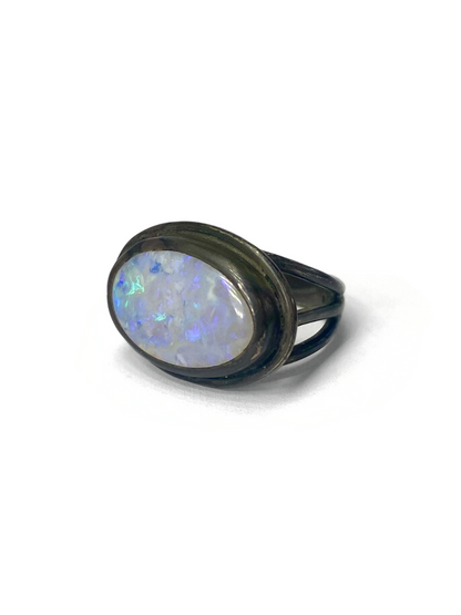 Lightning Ridge Solid Crystal Opal Ring | Silver with Black Rhodium Finish