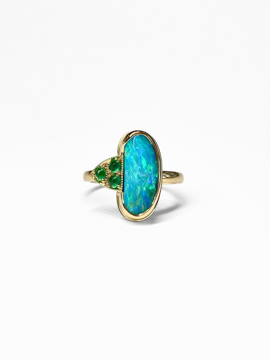Oceanic Bliss Opal and Emerald Gold Ring