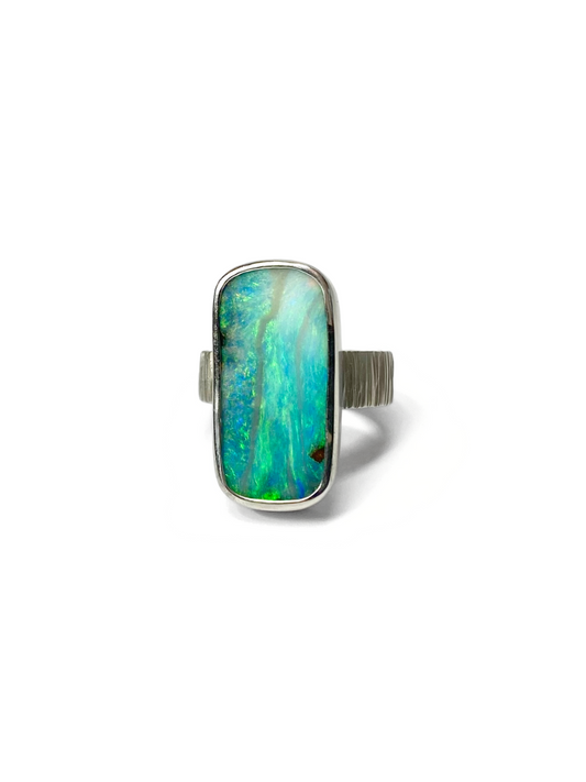 Seascape Long Opal and Silver Ring