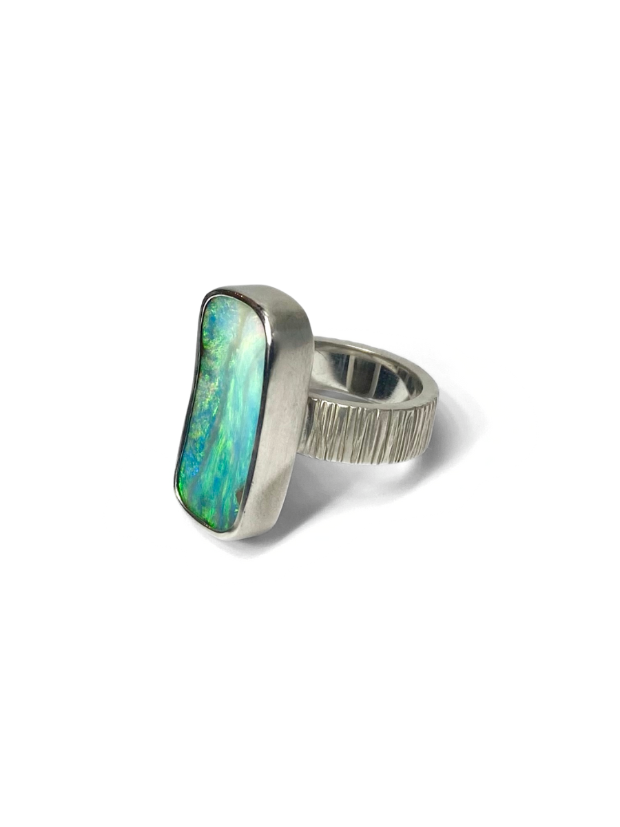 Seascape Long Opal and Silver Ring