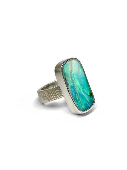 Seascape Long Opal and Silver Ring