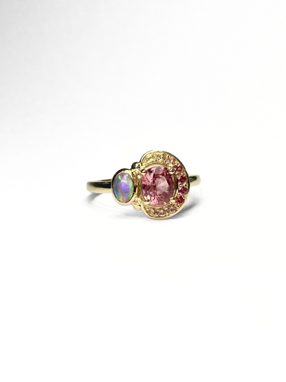 Watermelon Spinel, Sapphire and Opal Ring