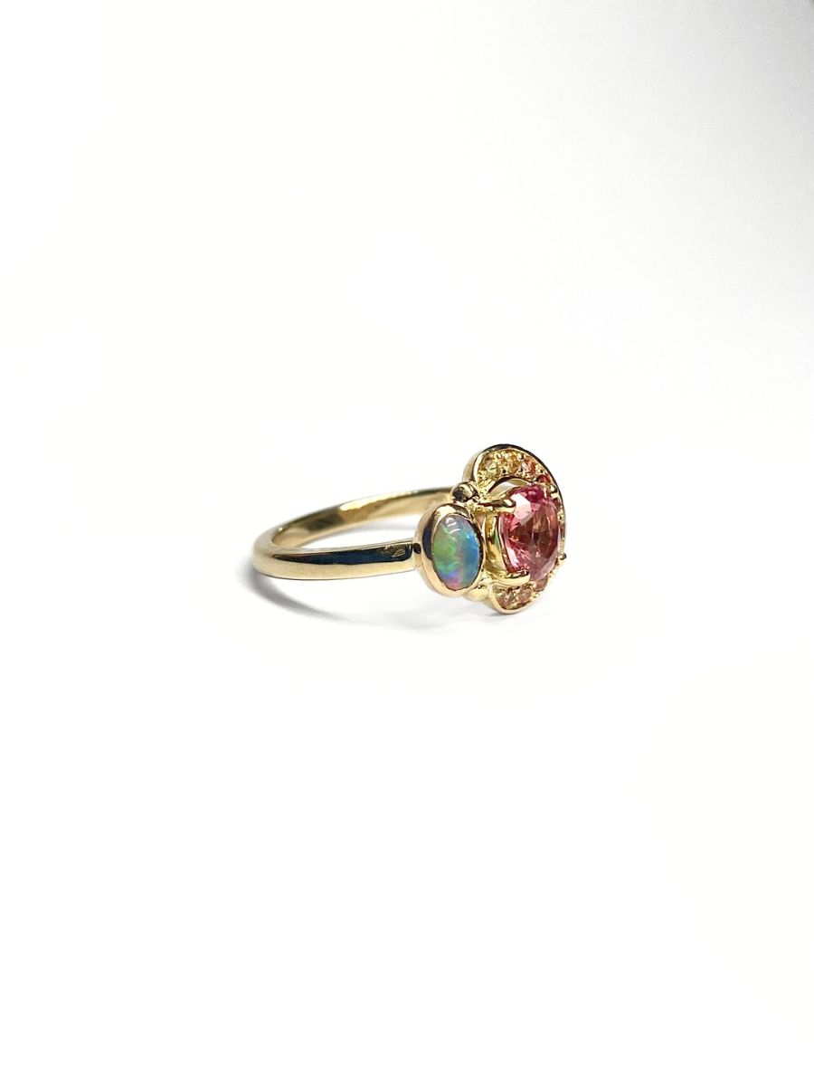 Watermelon Spinel, Sapphire and Opal Ring