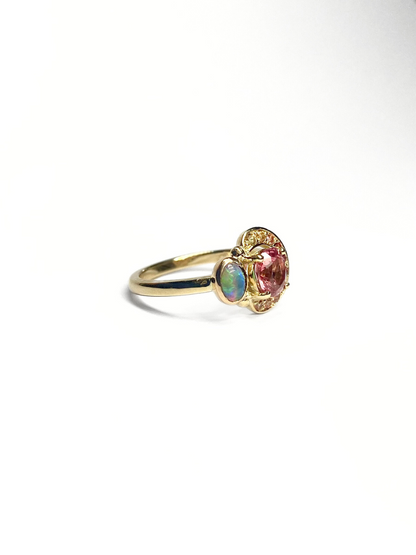 Watermelon Spinel, Sapphire and Opal Ring